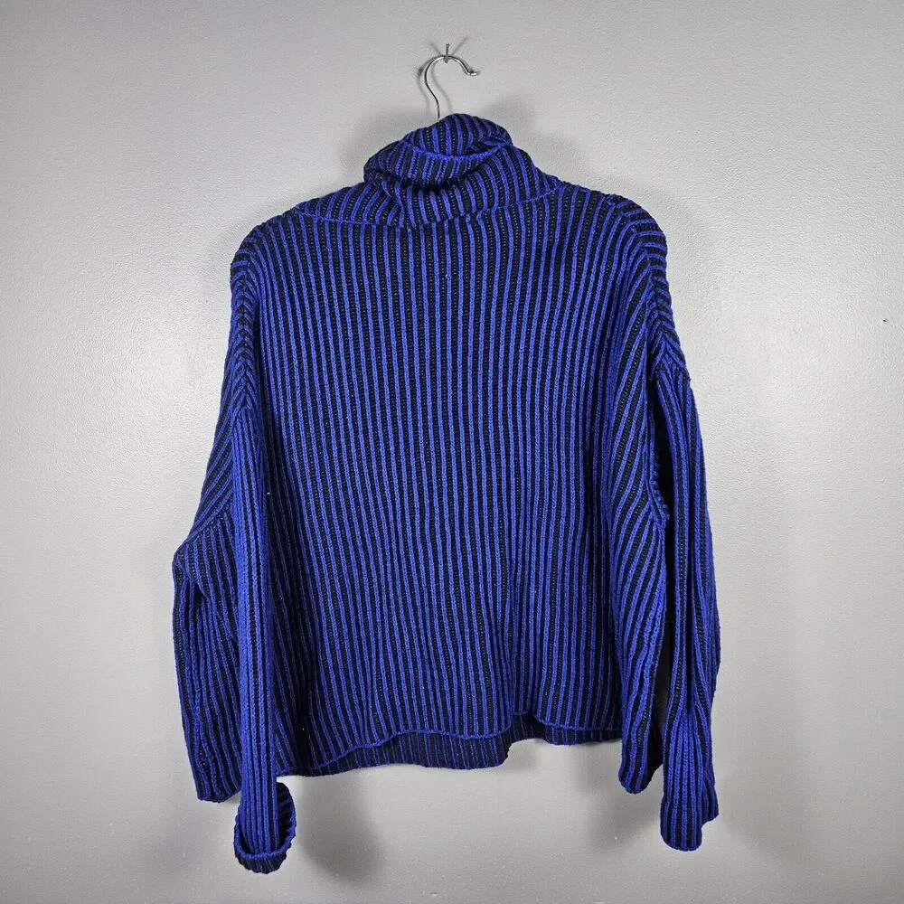 ZARA Knit Women's Blue/Black Striped Roll-Neck Turtleneck Sweater Size Large‎